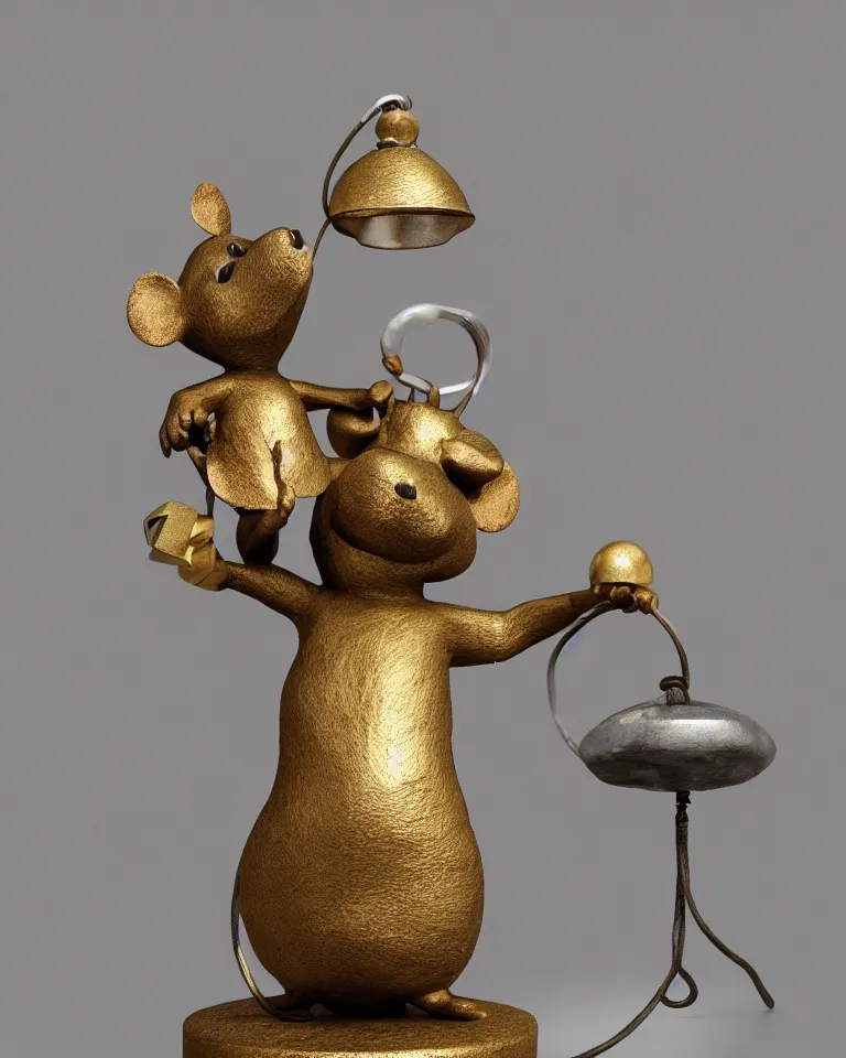 Image similar to a statue of a proud mouse standing on two legs and holding a round bell made with white and gold wire, trending on artstation