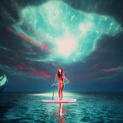 Prompt: bikini anime girl bioluminescent paddleboarding at night by highway man painting, stars, galaxies, photorealistic, high resolution, vray, hdr, hyper detailed, insane details, intricate, elite, ornate, elegant, luxury, dramatic lighting, octane render, weta digital, micro details, 3 d sculpture