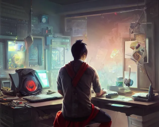 Image similar to an insanely detailed painting of a nerdy asian man wearing a superhero costume, sitting at a desk, staring at the nervously at the computer and typing, in the style of peter mohrbacher, dramatic lighting and composition, surreal background, octane render, pixar, trending on artstation, concept art, comic book, view from behind