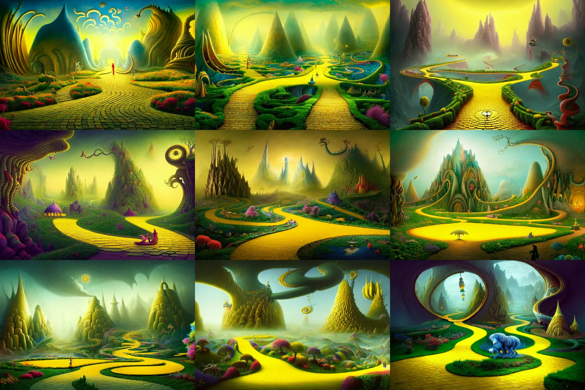 Prompt: a beguiling epic stunning beautiful and insanely detailed matte painting of the impossible winding path yellow brick road in dream worlds with surreal architecture designed by Heironymous Bosch, dream world populated with mythical whimsical creatures, mega structures inspired by Heironymous Bosch's Garden of Earthly Delights, vast surreal landscape and horizon by Asher Durand and Cyril Rolando and Andrew Ferez, masterpiece!!!, grand!, imaginative!!!, whimsical!!, epic scale, intricate details, sense of awe, elite, wonder, insanely complex, masterful composition!!!, sharp focus, focused subject, protagonist, fantasy realism, dramatic lighting