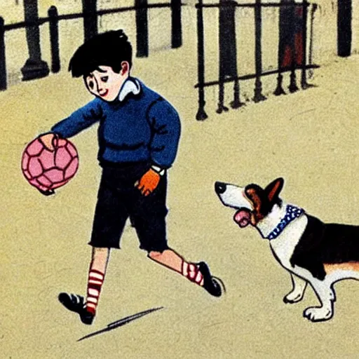 Image similar to book illustration of a french boy on the streets of paris playing football against a corgi, the dog is wearing a polka dot scarf, 1 9 6 6