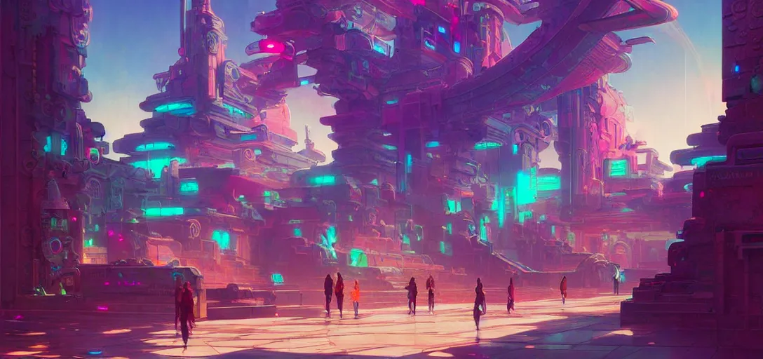 Image similar to street view of a cybernetic temple, vaporwave aesthetic, colorful, psychedelic, digital painting, artstation, concept art, smooth, sharp focus, illustration, art by artgerm and greg rutkowski and alphonse mucha