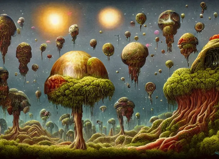 Image similar to a alien world with fungus mountains, cadmium trees, raining krypton, lowbrow, matte painting, 3 - d highly detailed, in the style of mark ryden,