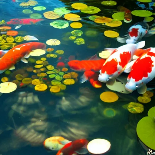 Image similar to view of a koi pond from underwater, sharp focus, sunlight, natural lighting, hd, 8k, enhanced