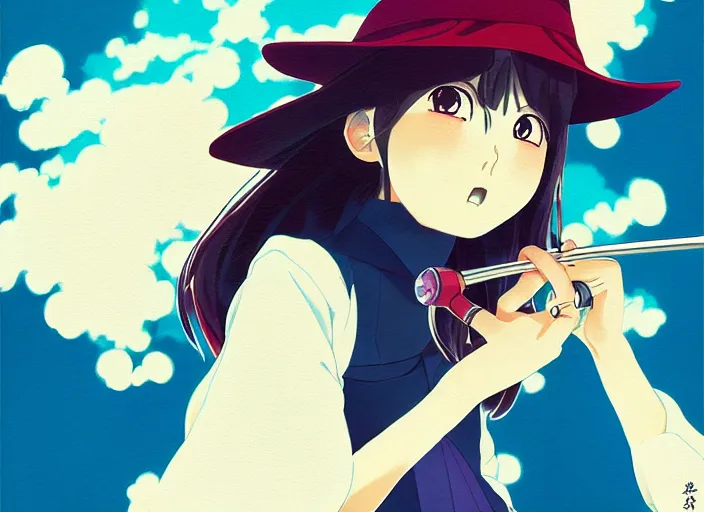 Image similar to naoyuki onda, editorial illustration colorful, anime portrait of shiina ringo, little witch academia, yoh yoshinari, manga, ilya kuvshinov, fine texture, realistic shading, fine details, matte colors, dramatic lighting, dynamic composition, moody, vivid, volumetric, stippled lighting, cinematic