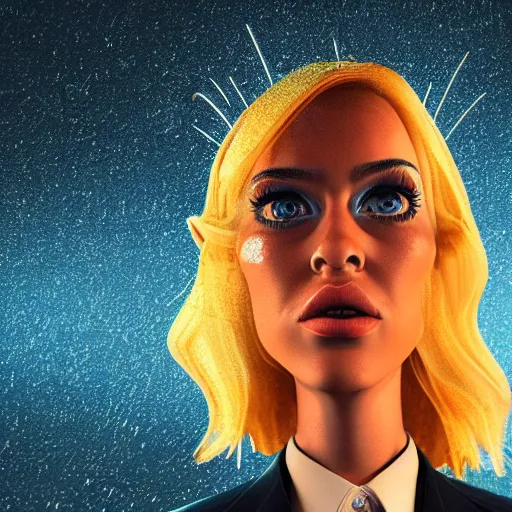 Image similar to cartoon portrait made out of rain, pinstripe suit, short blond hair, galactic background, rendered in octane, unreal engine, highly detailed, trending on artstation, realistic, splashes of neon, beautiful