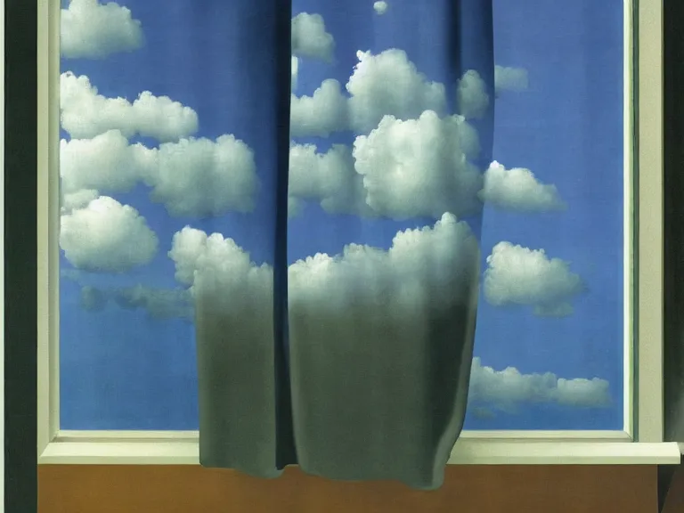 Image similar to curtains with clouds painted on them, painting by rene magritte, centered, high detail, high resolution