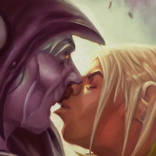 Image similar to Portrait of Sylvanas Windrunner and Adolf Hitler kissing, cinematic shot, trending on artstationhq, oil on canvas