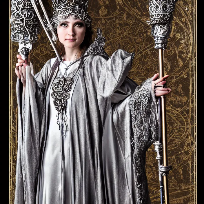 Image similar to photograph of a real-life beautiful lunar witch with ornate silver robes and staff. Extremely detailed. 8k