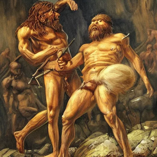 Prompt: historical picture war between homo sapien and neanderthal, artstaton, stable art detailed,