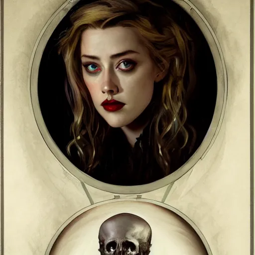 Prompt: hyperrealistic portrait of amber heard as a vampire witch in a black coat holding a human skull as a crystal ball. by jeremy mann and alphonse mucha, fantasy art, photo realistic, dynamic lighting, artstation, poster, volumetric lighting, very detailed faces, 4 k, award winning