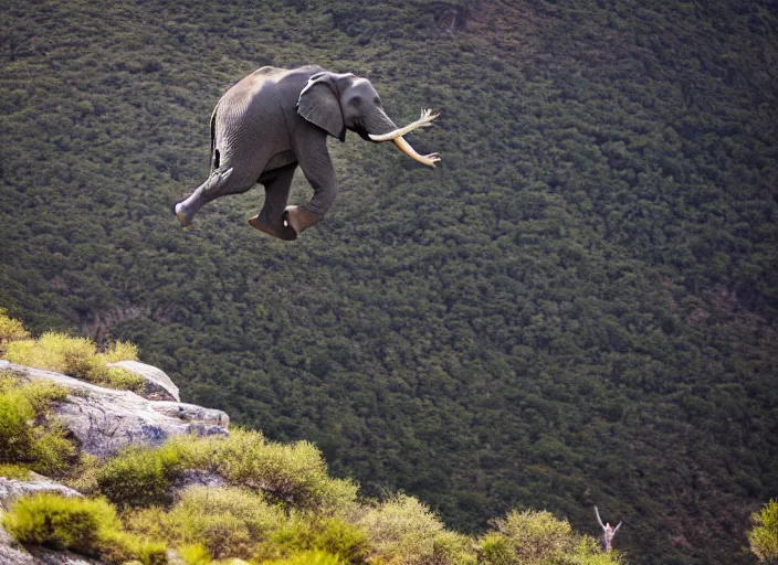 Image similar to dslr photo still of an elephant leaping off a mountain flying through the air, 4 k, 1 2 0 mm f 1 6