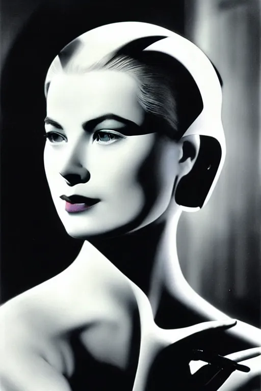 Image similar to beautiful evil cyborg grace kelly by steichen from the future. anatomically correct surreal body mods. extremely lush detail. masterpiece. melancholic scene infected by night. perfect composition and lighting. sharp focus. high contrast lush surrealistic photorealism. sultry expression on her face.