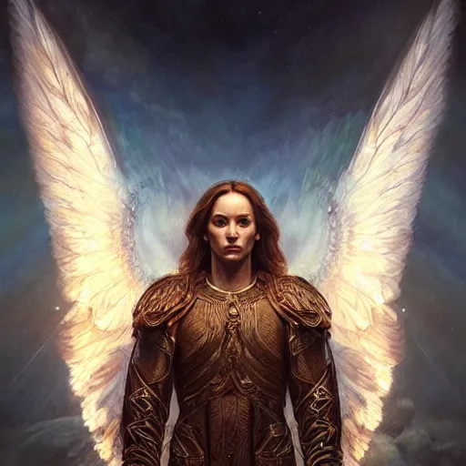 Image similar to majestic gracious archangel michael portrait, atmospheric lighting, painted, menacing, intricate, volumetric lighting, beautiful, rich deep colours masterpiece, golden hour, sharp focus, ultra detailed, by leesha hannigan, ross tran, thierry doizon, kai carpenter, ignacio fernandez rios