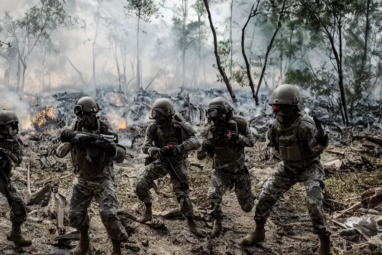 Prompt: Mercenary Special Forces soldiers in grey uniforms with black armored vest and black helmets assaulting a burning exploding devastated jungle in 2022, Canon EOS R3, f/1.4, ISO 200, 1/160s, 8K, RAW, unedited, symmetrical balance, in-frame, combat photography, colorful