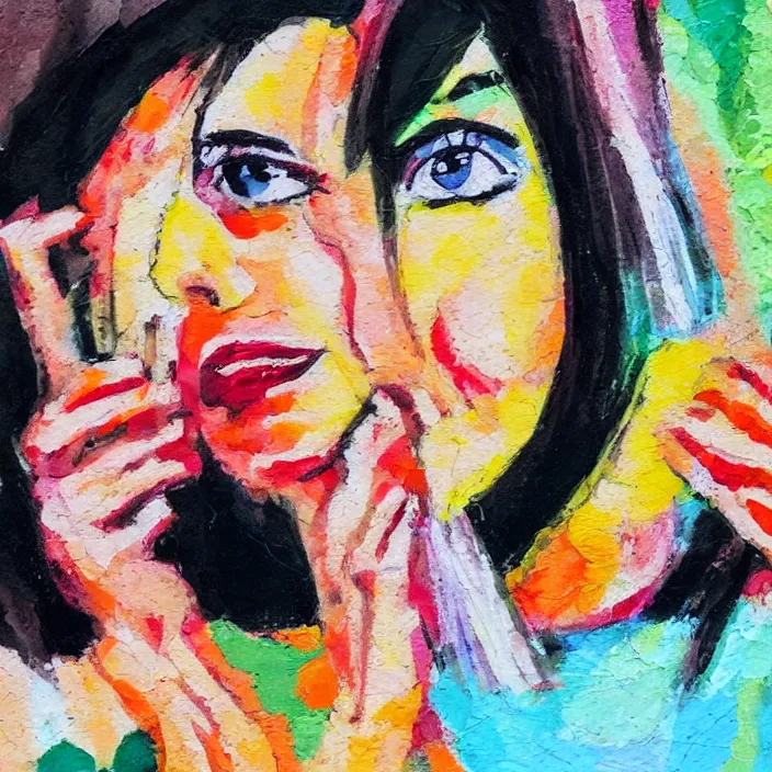 Image similar to portrait of beautiful woman eating sushi painted with colorful gouache impasto