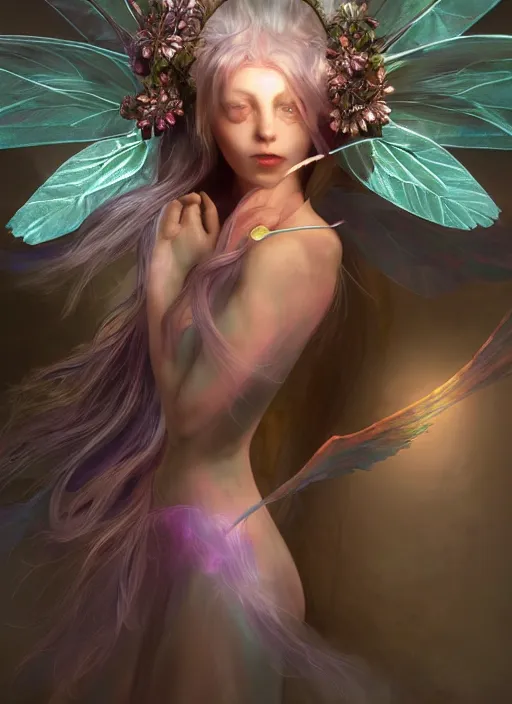 Image similar to beautiful beautiful fairy faerie fey fae queen highly detailed CGsociety subtle enchanting alluring magical concept art volumetric lighting subsurface scattering unreal