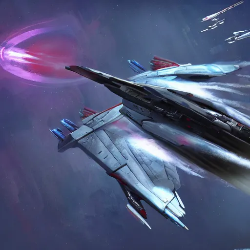 Prompt: Hiigaran interceptor fighter, Artstation, Wide shot, Homeworld 3 concept art, Award Winning Masterpiece, Very Detailed, Complex, Space, Homeworld, Digital Art