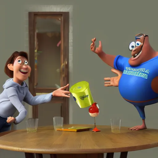 Prompt: illustration of two happy people exchanging items, pixar - style, 3 d render