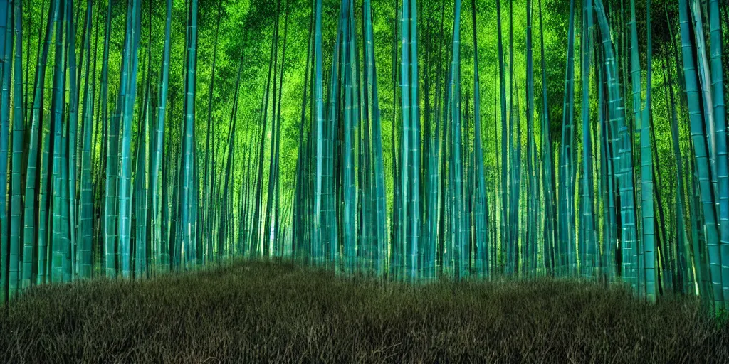 Image similar to bamboo forest at night with glowing algae in the tree trunks, mystical ambiance, desaturated