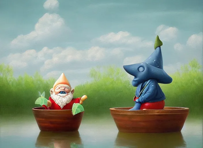 Prompt: a garden gnome sailing in a small bucket, whimsical background of a pond on a sunny day with dramatic clouds, an ultrafine detailed painting by mark ryden, trending on deviantart, pop surrealism, whimsical, lowbrow, grotesque