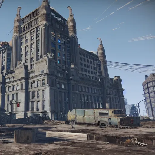 Image similar to royal liver building, liverpool in ruins post - nuclear war in fallout 4, in game screenshot