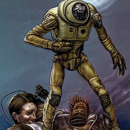 Prompt: facehugger attacking colonial marine in military spaceship realistic