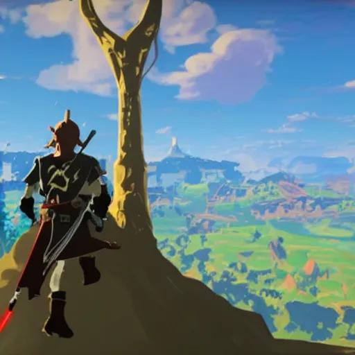 Image similar to a screencap of the legend of zelda breath of the wild, of darth vader in breath of the wild