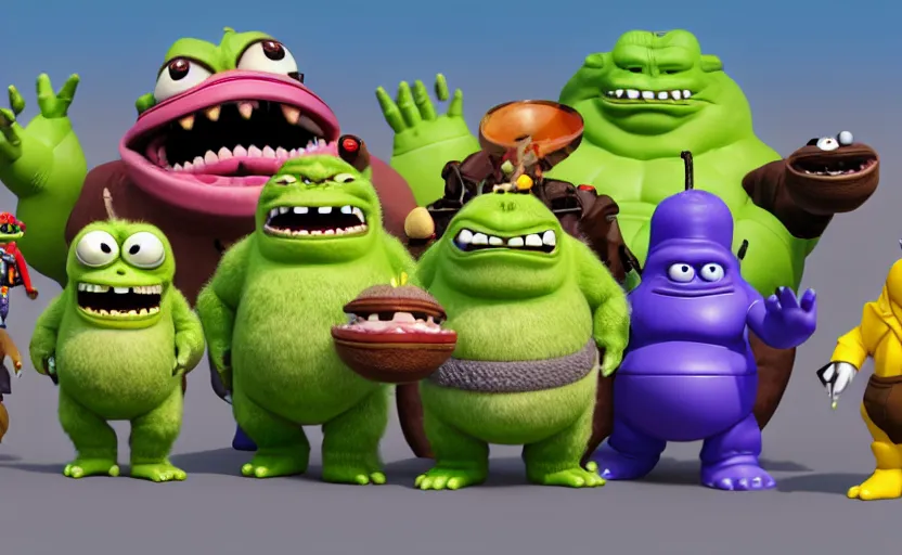 Image similar to hamburger godzilla yoda donkey kong pikachu yeti shrek super robot homer groot waluigi darth vader mike wazowski, highly detailed, extremely high quality, hd, 4 k, 8 k, professional photographer, 4 0 mp, lifelike, top - rated, award winning, cinematic, realistic, detailed lighting, detailed shadows, sharp, no blur, edited, corrected, trending