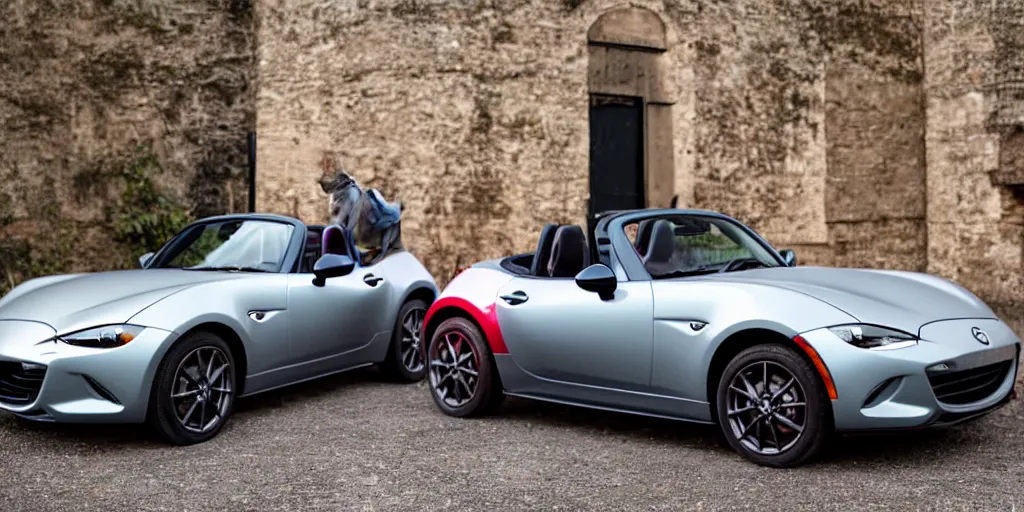 Image similar to a wide angle photograph of a grey rabbit posing next to a red mazda mx-5