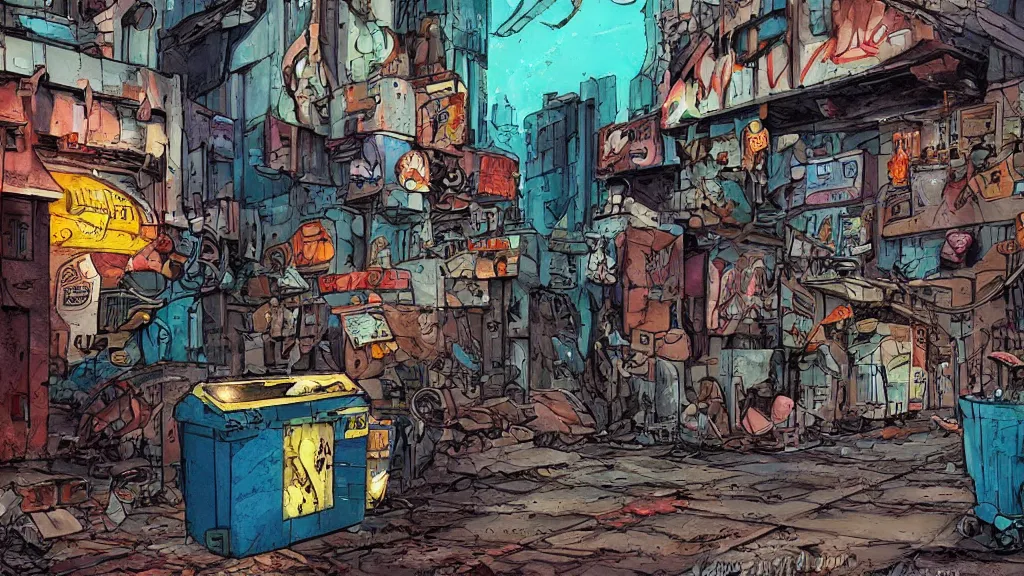 Prompt: the alley behind the seediest dive bar in the universe, futuristic dumpster and burned out robot scraps by Ralph Bakshi