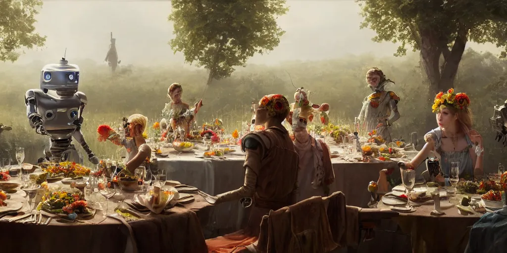 Image similar to a table dinner of robots where robots are dressed like the characters from the midsommar movie, sharp focus, wide shot, trending on artstation, masterpiece, by greg rutkowski, by ross tran, by fenghua zhong, octane, soft render, ultrarealistic, colorful, cinematic
