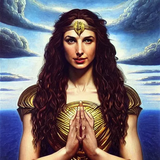 Prompt: Full body oil painting of the beautiful goddess Gal Gadot, she is wearing a strophion and a surreal ornate, her hair is natural disheveled, she is approaching heaven over the clouds, naturalism, dramatic lighting, high-detailed oil painting by Ilya Repin, Michelangelo da Caravaggio, William Blake, Alex Grey and Beksinski, trending on Artsation, hystorical painting, naturalism, masterpiece, 4k, 8k,