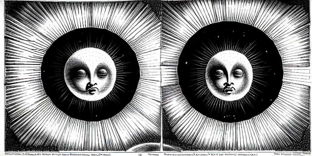 Image similar to a giant sun sings a unique canto about'as above so below'to the the moon, while being ignited by the spirit of haeckel and robert fludd, breakthrough is iminent, glory be to the magic within, in honor of saturn, painted by ronny khalil