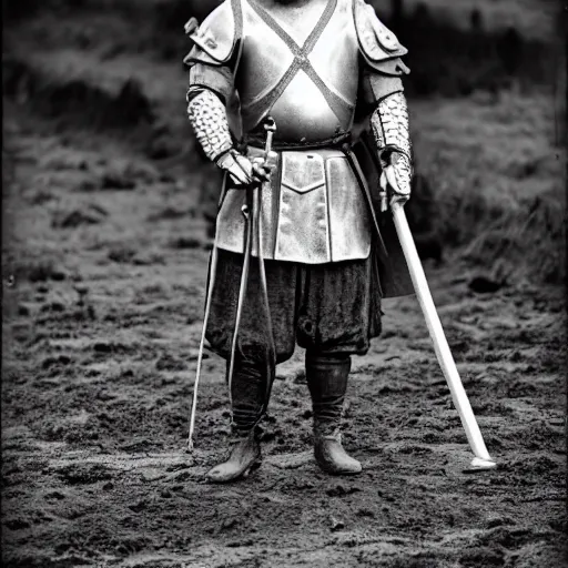 Prompt: Medieval squire with medieval clothes. Standing in the mud. Black & White photo.