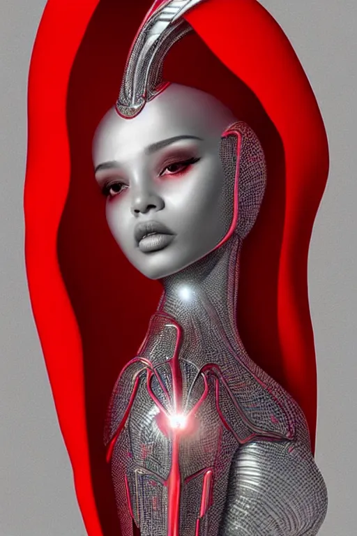 Image similar to detailed beautiful noun in opened white gold red coat, seductive confident pose, attractive feminine curves, intricate details, afrofuturism, futuristic, alien, elegant cape, elegant, photorealism, trending on artstation, holy halo, advanced technology, art by moebius and vitaly bulgarov and chanthara