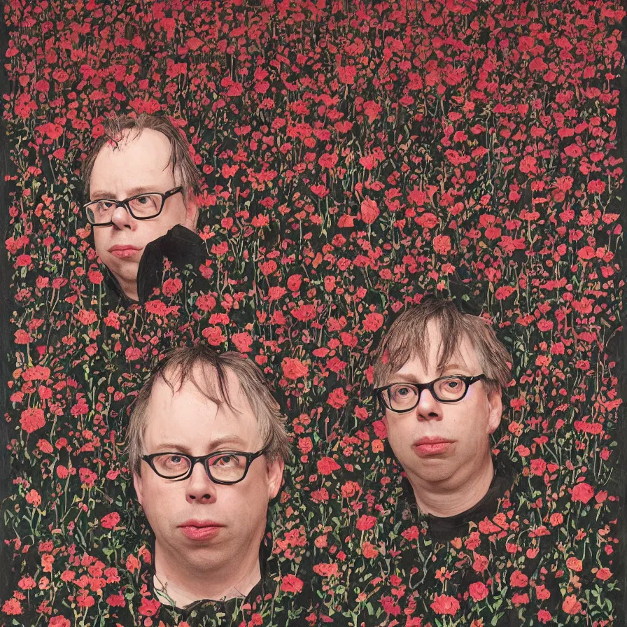 Prompt: todd solondz john zorn male portrait of the john zorn todd solondz of the underworld puking blood surrounded by flowers by karol ba