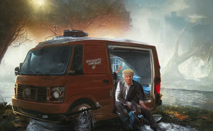 Prompt: highly detailed portrait of donald trump living in a van, down by the river, homeless, stephen bliss, unreal engine, fantasy art by greg rutkowski, loish, rhads, ferdinand knab, makoto shinkai and lois van baarle, ilya kuvshinov, rossdraws, tom bagshaw, global illumination, radiant light, detailed and intricate environment