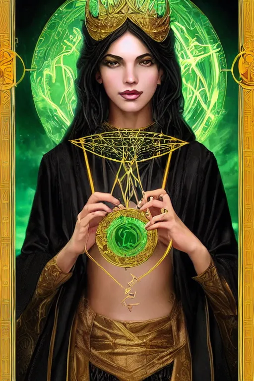 Image similar to a tarot card of an attractive young girl sorceress wearing a black robe with gold embroidery, casting a spell, green glows, painted by artgerm and tom bagshaw, in the style of magic the gathering, intricate, highly detailed digital art