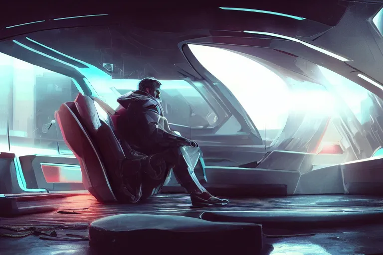 Image similar to a cinematic shot of a man sitting in a futuristic sci - fi vehicle, dramatic lighting, concept art, hyper realistic, cyberpunk