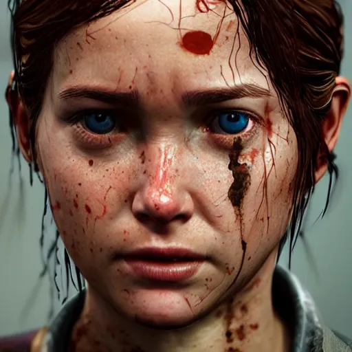 Image similar to highly detailed facial portrait of ellie from the last of us part 2, angry, micro expressions, highly detailed, trending on artstation, cinematic lightning