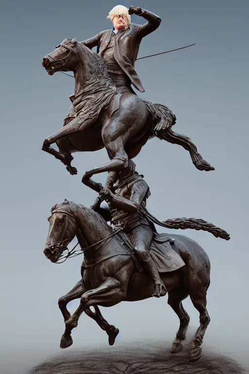 Image similar to a statue of boris johnson riding a horse, anatomy, bathed in light, highly detailed, photorealistic, artstation, smooth, sharp focus, illustration, unreal engine 5, 8 k, art by artgerm and greg rutkowski and edgar maxence