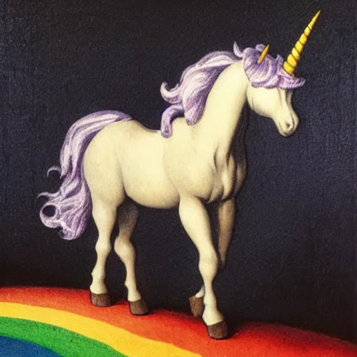 Image similar to a unicorn walking on a rainbow in the style of Caravaggio