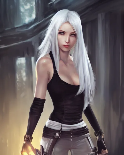 Image similar to tifa lockhart with white hair, beautiful face, very shy, elegant clothes, introverted, garden, utopian city, solarpunk, perfect, attractive, illuminated, ultra realistic, atmosphere, cinematic, artstation, highly detailed