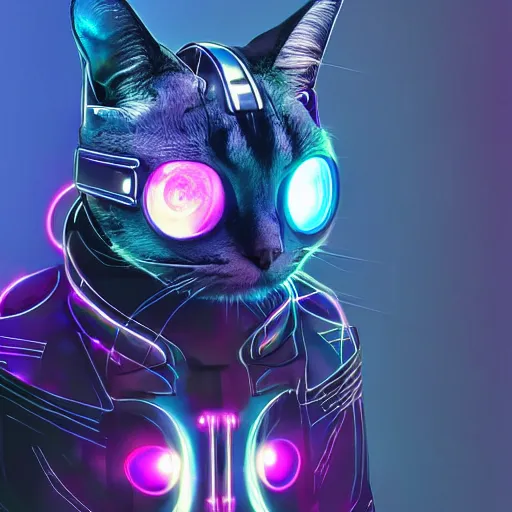 Prompt: photo of a cybernetic cat, cyberpunk elements,