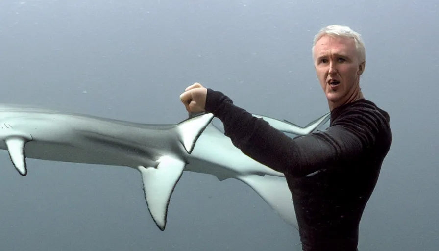 Image similar to james cameron movie about a white pointer shark