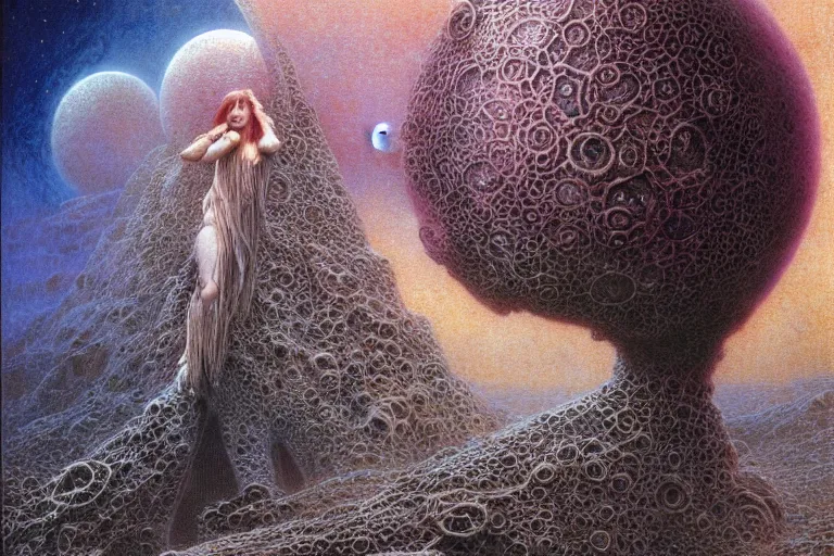 Image similar to cute young alyson hannigan with short hairs on lovecraftian planet by jean delville by luis royo and wayne barlowe, beksinski