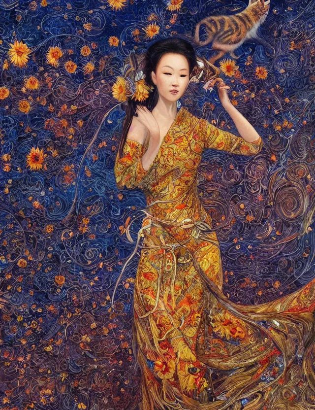 Image similar to a china cat sunflower walking proudly jingling in the midnight sun with a bodhi that drips a silver kimono Like a crazy quilt star gown through a dream night wind, intricate and complexly detailed wet oil painting, by Karol Bak and Tony Diterlizzi, influenced by Artgerm, golden hour scene, center perspective, multi-dimensional, 8k, octane rendering,