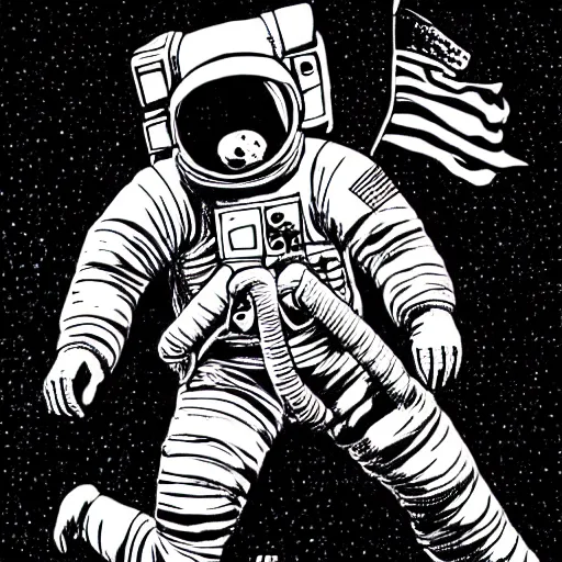 Prompt: astronaut on the moon walking, silhouette, intricate ink drawing, highly detailed in the style of jamie hewlett