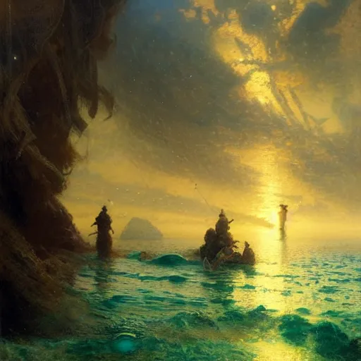 Image similar to point of view of deep in the ocean looking up, you see fishes, higher up you see the splendorous milk way illuminating the sea. highly detailed painting by gaston bussiere, greg rutkowski 8 k